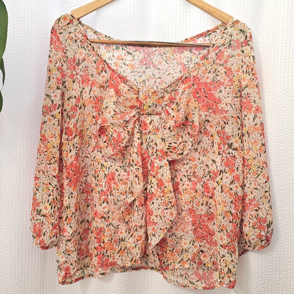 Lovely Day Multicolor Floral Blouse with Bow Size M